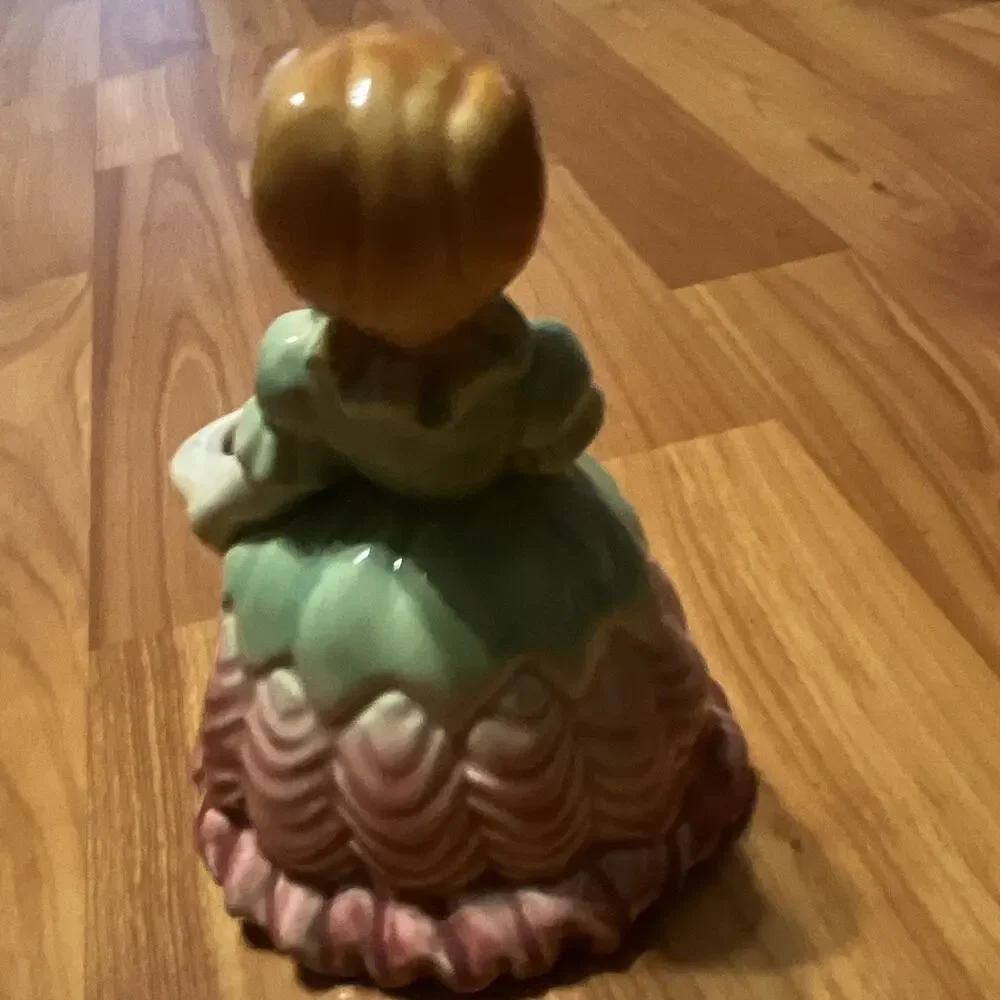 Vintage Ceramic Woman Figurine Bud Vase, Green Dress Pink Base, Small Gloss 6 in